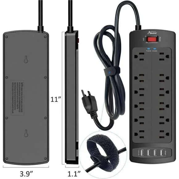 Power Strip,Surge Protector with 12 Outlets & 4 USB Ports,6 Feet Extension Cord